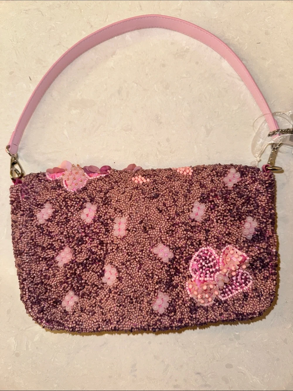 Handcrafted Pink Beaded Floral Shoulder Bag